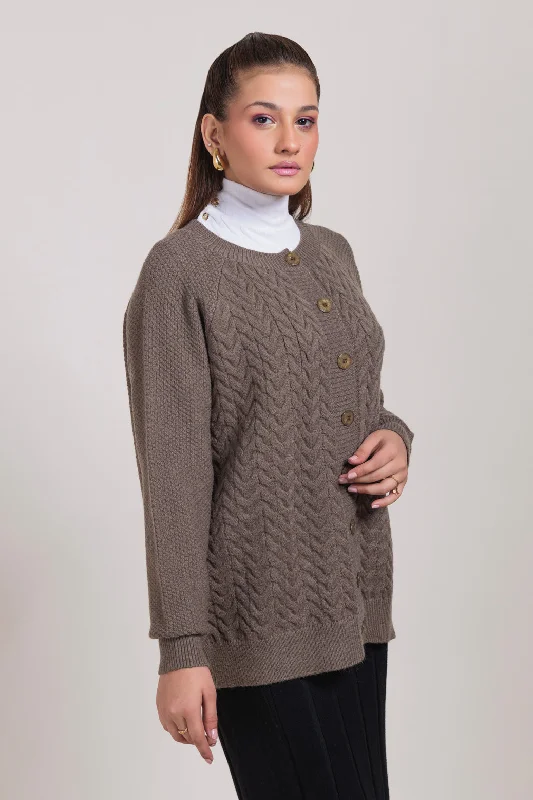 OLIVE-ROUND NECK RAGLAN SLEEVES CARDIGAN SWEATER (24X-009-66)