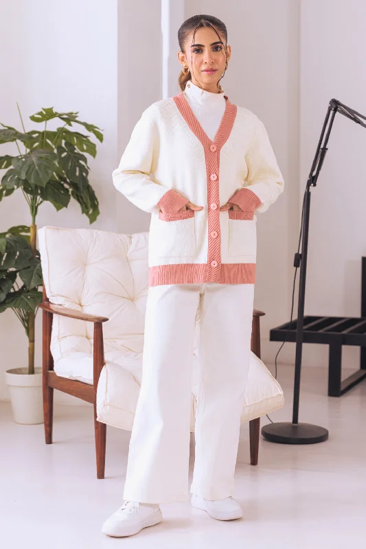 WHITE-V-NECK FULL SLEEVES CARDIGAN W-POCKET SWEATER (24X-013-66)