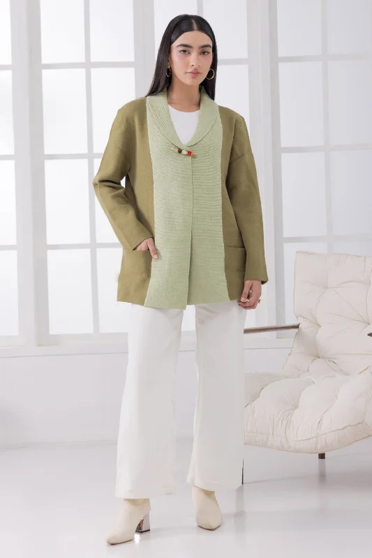 OLIVE-SHAWL COLLAR FULL SLEEVES CARDIGAN SWEATER (24X-061-66)