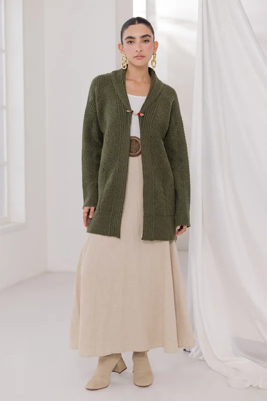 OLIVE-SHAWL COLLAR FRONT OPEN FULL SLEEVES CARDIGAN SWEATER (24X-069-66)