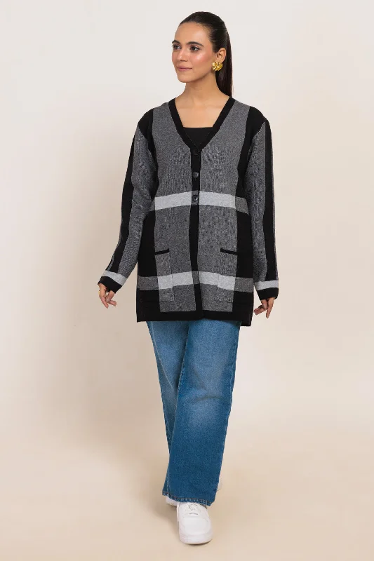 BLACK-V-NECK CARDIGAN FULL SLEEVES SWEATER (24X-082-66)