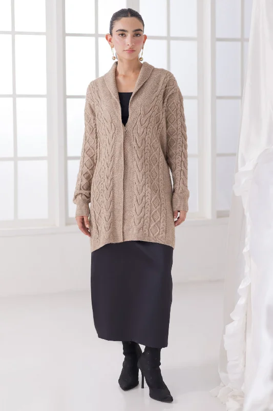 BEIGE-SHAWL COLLAR FULL SLEEVES CARDIGAN SWEATER (24X-105-66)