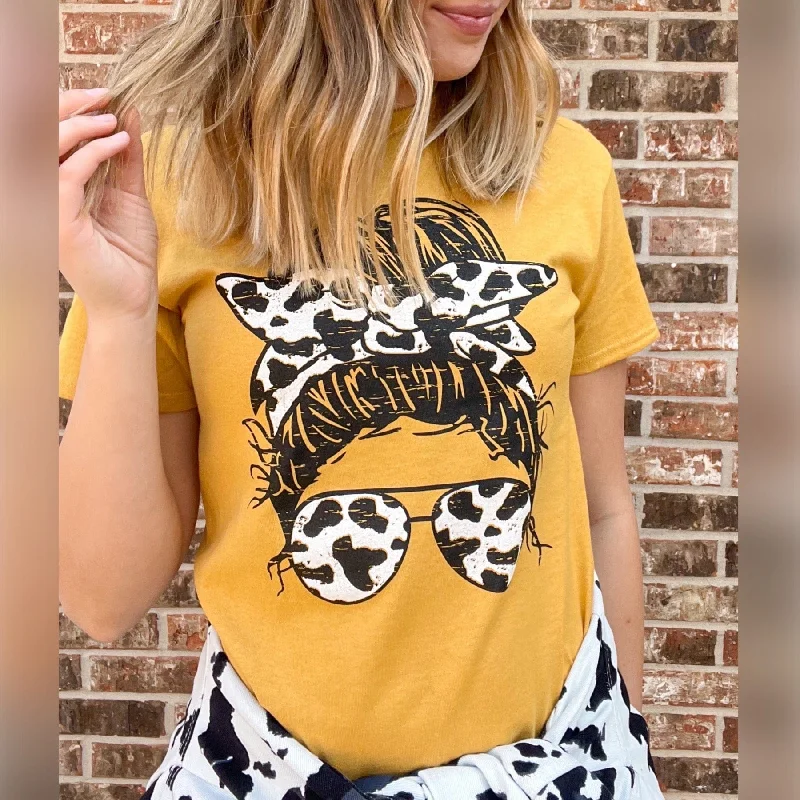 Cow Print Messy Bun Graphic Tee