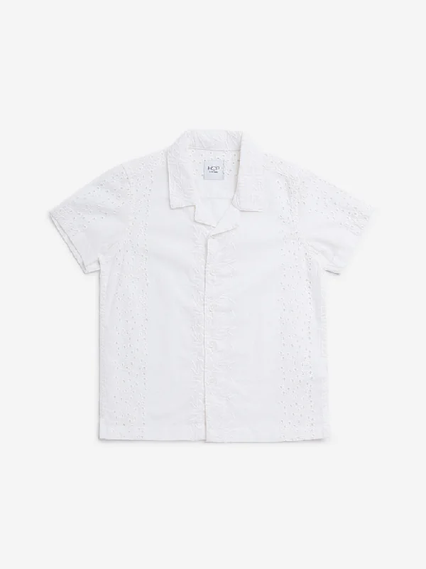 HOP Kids Off-White Schiffli Design Resort-Fit Shirt