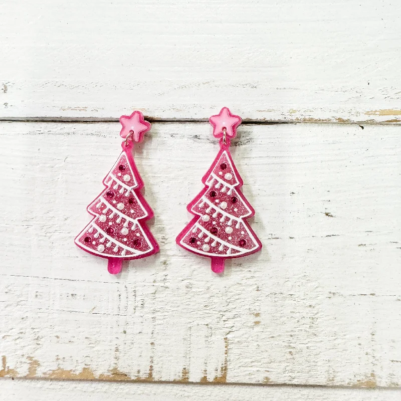 Hottie Pink Christmas Tress Earrings