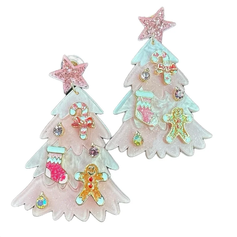 Pink Christmas Tree with Star Glitter Stud Earrings