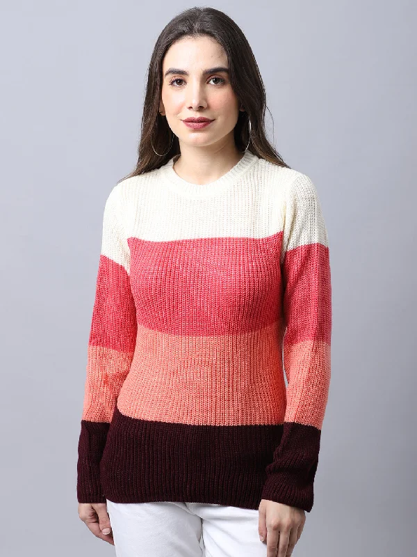 Women's Casual  Pink Round neck Color block Pullover Sweater