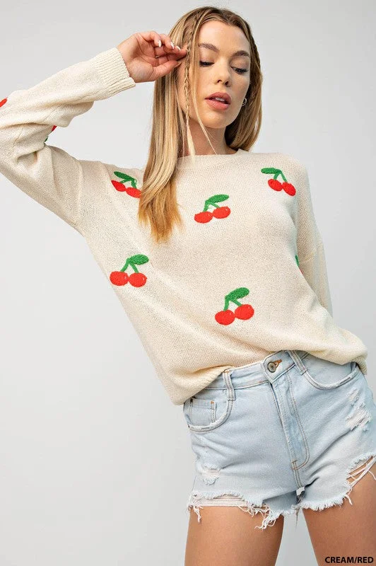 CHERRY PRINT TEXTURED PULLOVER SWEATER