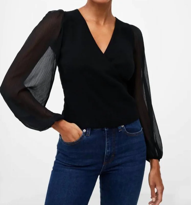 Mixed Media Surplice Pullover Sweater In Black