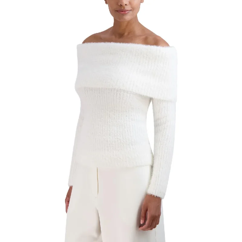 Womens Off-the-Shoulder Ribbed Pullover Sweater