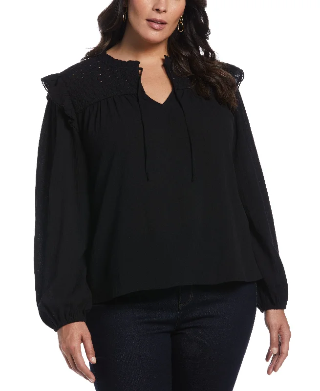 Plus Size Eyelet Yoke Ruffle Gauze Blouse