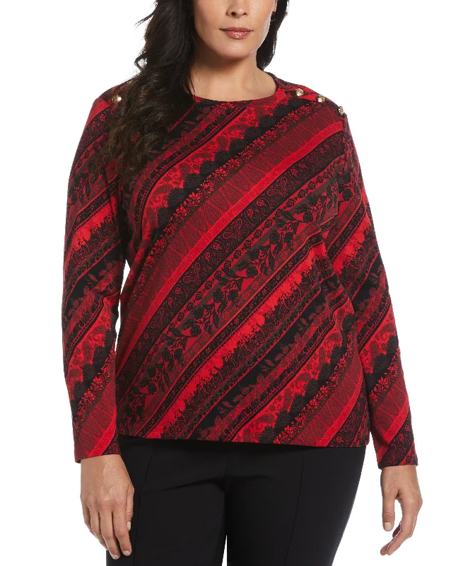 Plus Size Paisley Stripe Button Detail Top