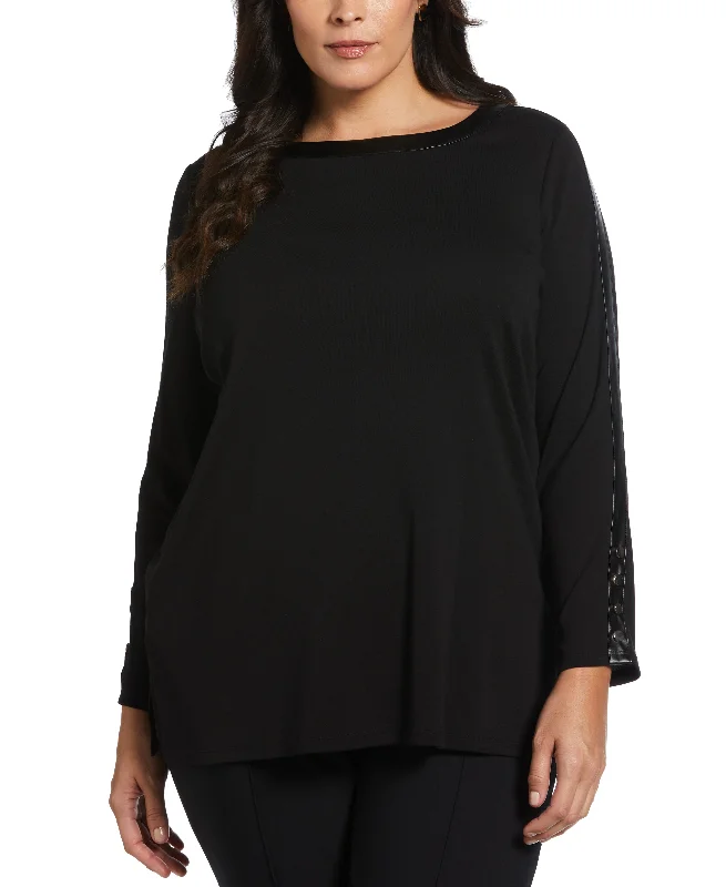 Plus Size Ribbed PU Trim Tunic Top