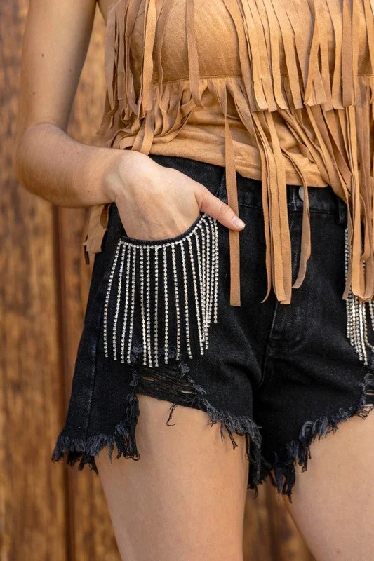 Presley Rhinestone Denim Shorts- Black