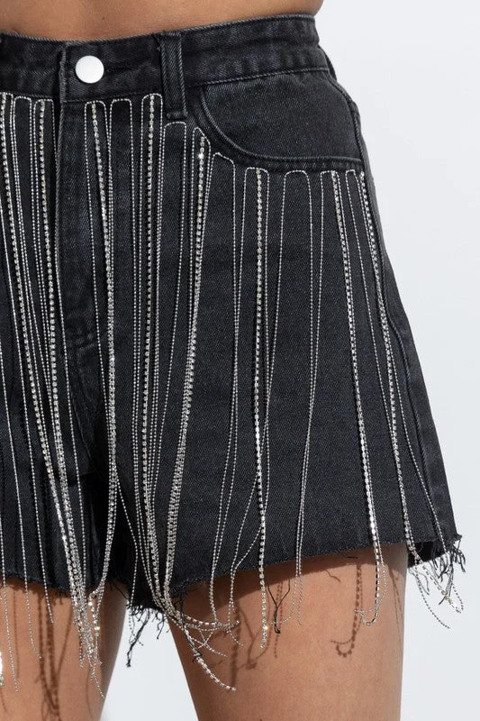 Wild West Rhinestone Fringe Shorts-Black