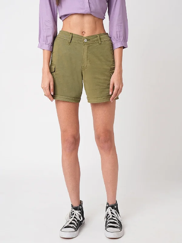 Women Olive High-Rise Slim Shorts