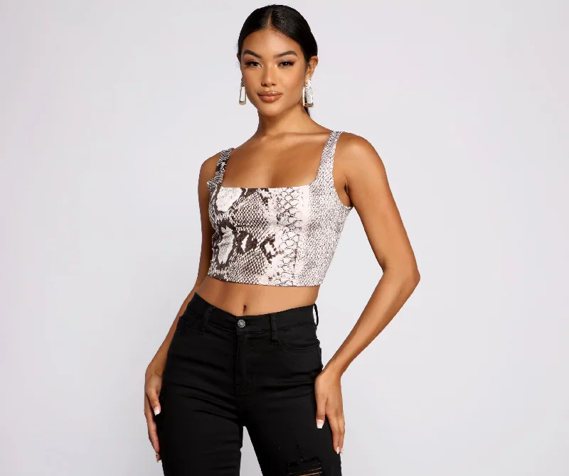 Sequin Snake Print Square Neck Crop Top