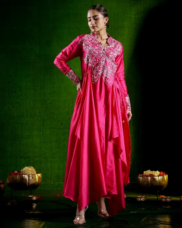 Rani Pink Embroidered Asymmetrical Tunic with Pants