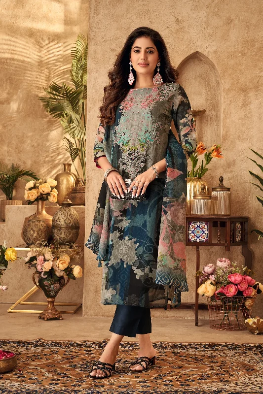 Teal Floral Printed Georgette Silk Kurta Pants Set