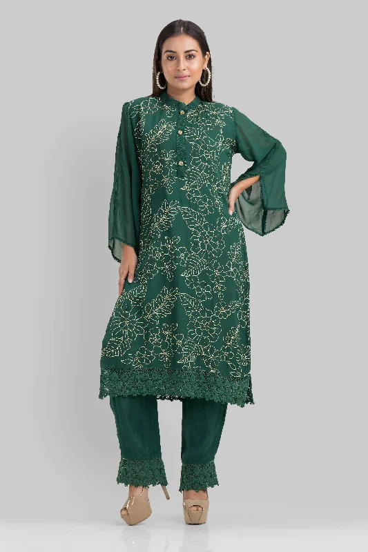 Bottle Green Embroidered Georgette Silk Kurta Set