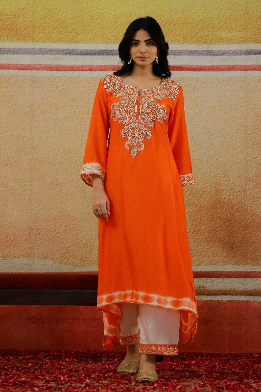 Bright Orange Embroidered Raw Silk Kurta Set