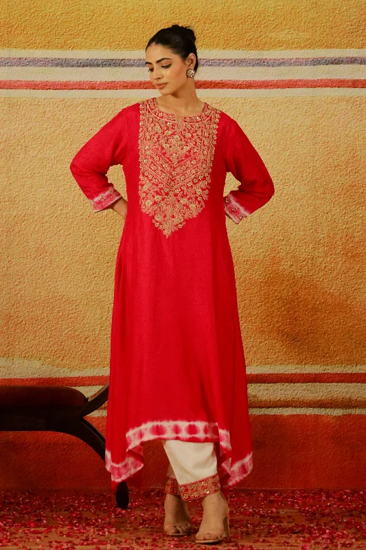 Bright Pink Embroidered Raw Silk Kurta Set