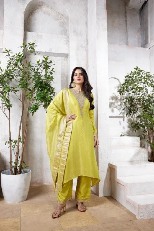 Pear Green Embellished Pure Silk Kurta Pant Set