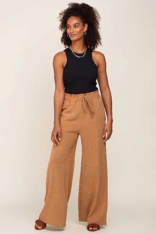 Camel Smocked Waist Wide Leg Linen Pants