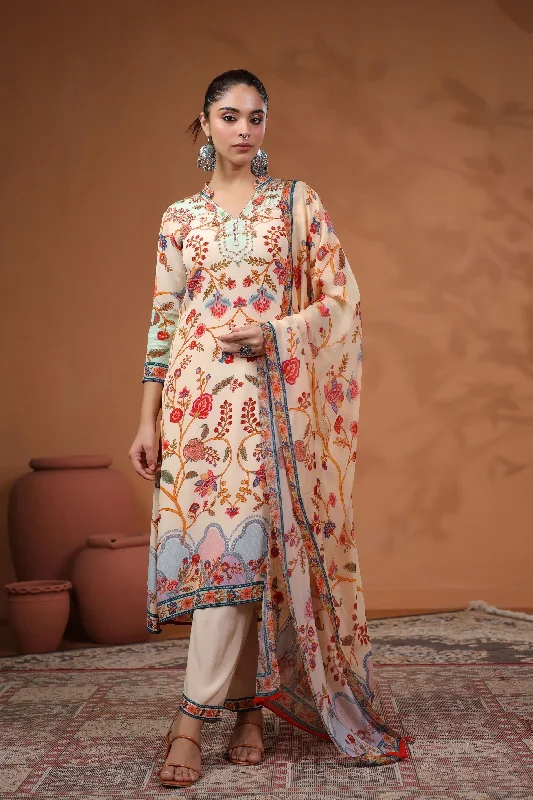 Chic Peach Printed Tussar Silk Kurta Set