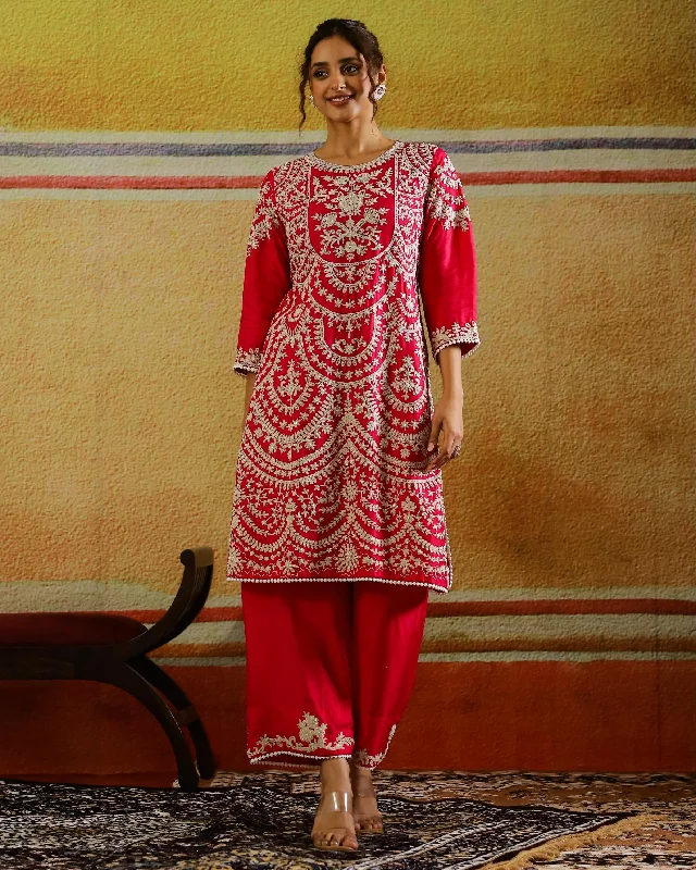 Rani Pink Embroidered Raw Silk Kurta Set