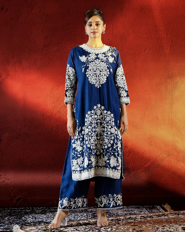 Deep Blue Embroidered Raw Silk Kurta Set