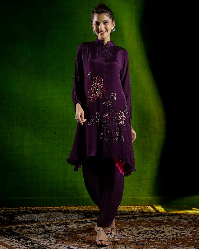 Deep Purple Tie & Dye Chinon Silk Kurta Set