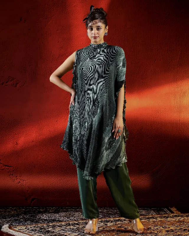 Deep Green Embellished Pleated Lycra Organza Kurta Set