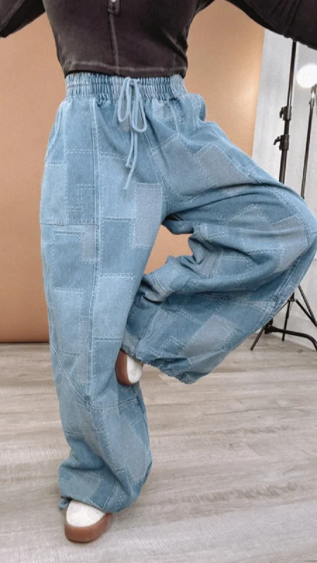 ECB Exclusive: Demi Denim Checkered Patchwork Jogger Pant