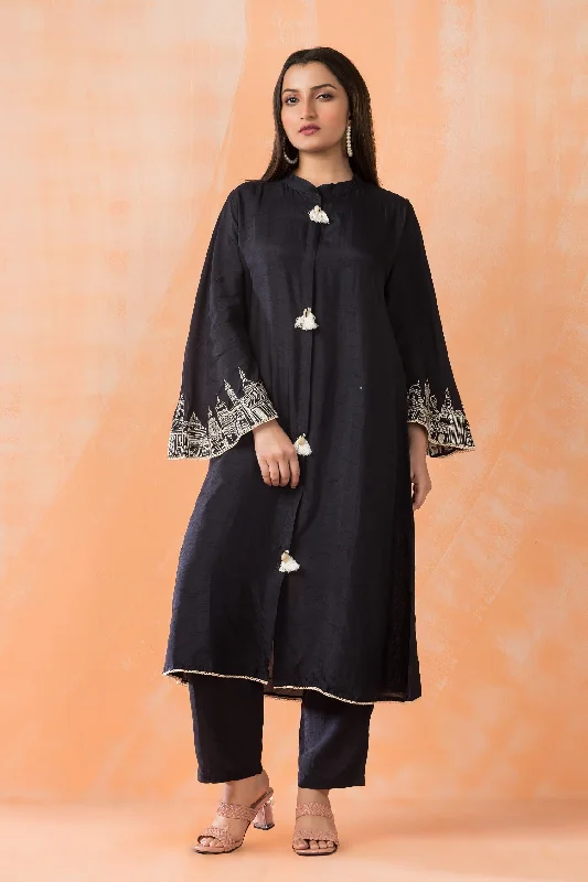 Black Hand Embroidered Dola Silk Kurta Pants Set