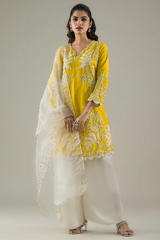 Festive Yellow Embroidered Raw Silk Pants Set