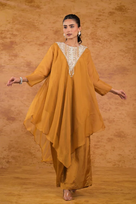 Golden Yellow Embellished Organza Silk Kurta Set