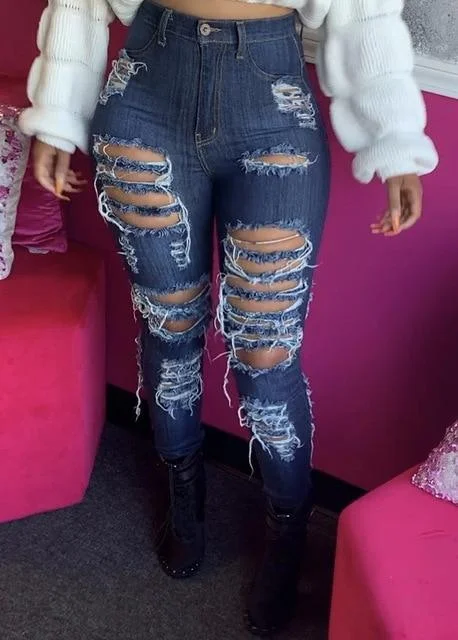 High Waist Ripped Jeans - Women's Pants