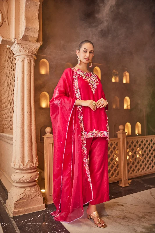 Cherry Red Embroidered Raw Silk Kurta Pant Set