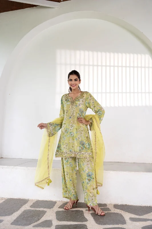 Light Green Floral Printed Italian Paper Silk Pants Set