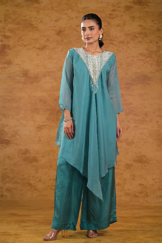 Light Teal Embellished Organza Silk Kurta Set