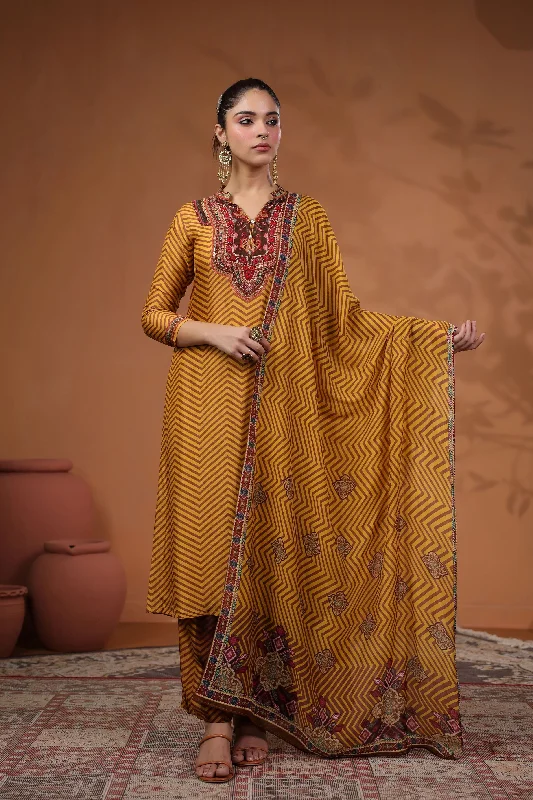 Mustard Stripe Printed Tussar Silk Kurta Set