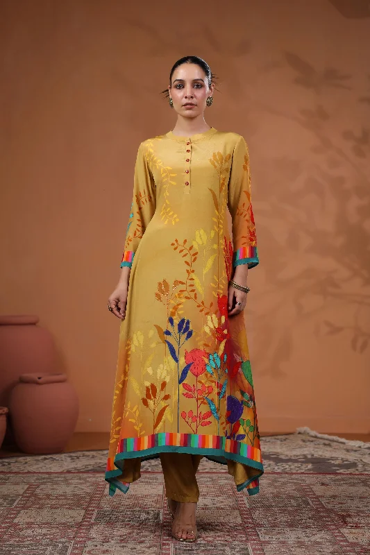 Mustard Floral Printed Muslin Silk Kurta Set