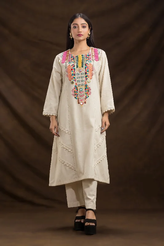 Off White Floral Embroidered Organic Cotton Kurta Set