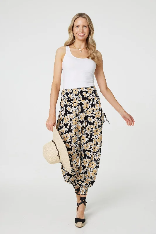 Floral Tassel Tie Pocket Harem Pants