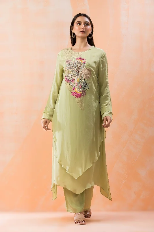 Sage Green Hand Embroidered Crepe Silk Kurta Pants Set