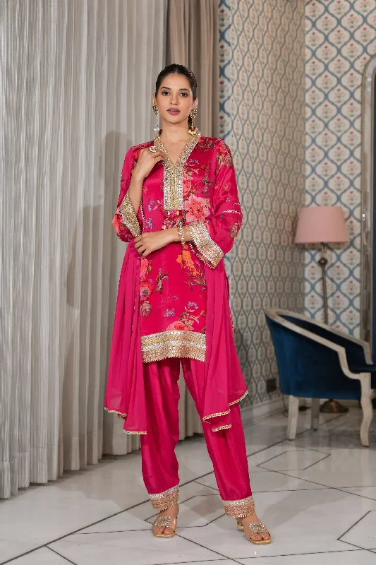 Pink Floral Printed Premium Silk Salwar Set