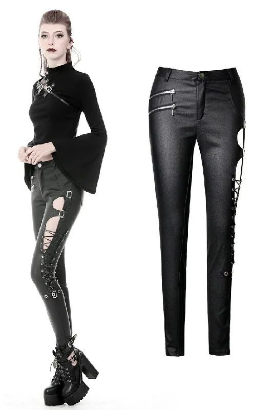 Punk sexy hollow thigh asymmetrical PU trousers PW096