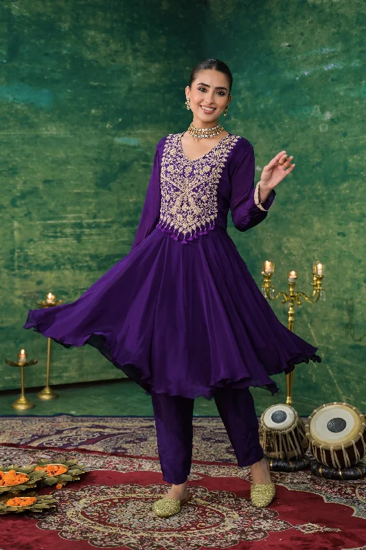 Purple Embroidered Chinon Silk Kurta Set