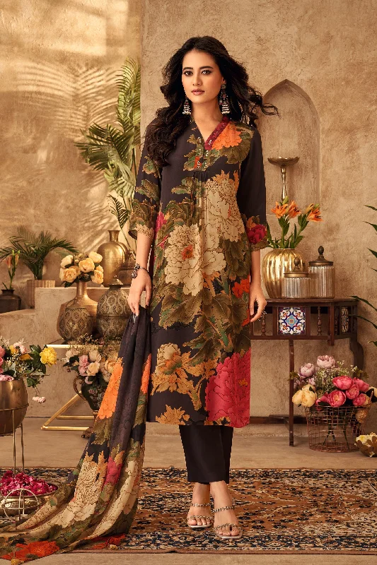 Black Floral Printed Dola Silk Kurta Pants Set